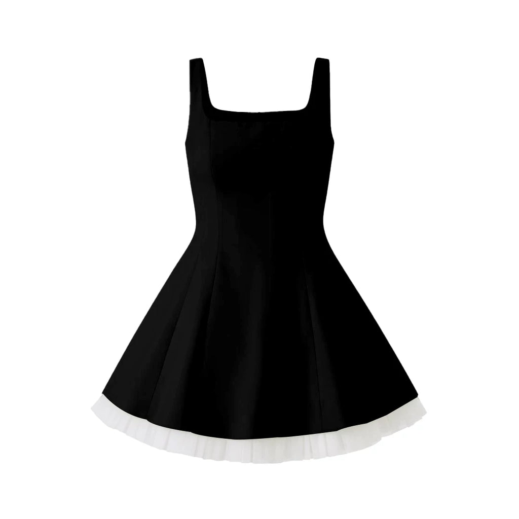 Avenement Square Neck Stitching Mesh Sleeveless Dress