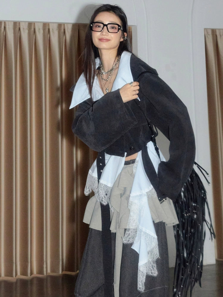 JNYLON Vintage Fake Two-Piece Lace Removable Silhouette Short Jacket