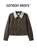 Cantonstory Vintage Lace Lapel Leather Jacket