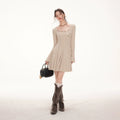 IMONE Vintage Flared Sleeve Pleated Big U-Neck Dress