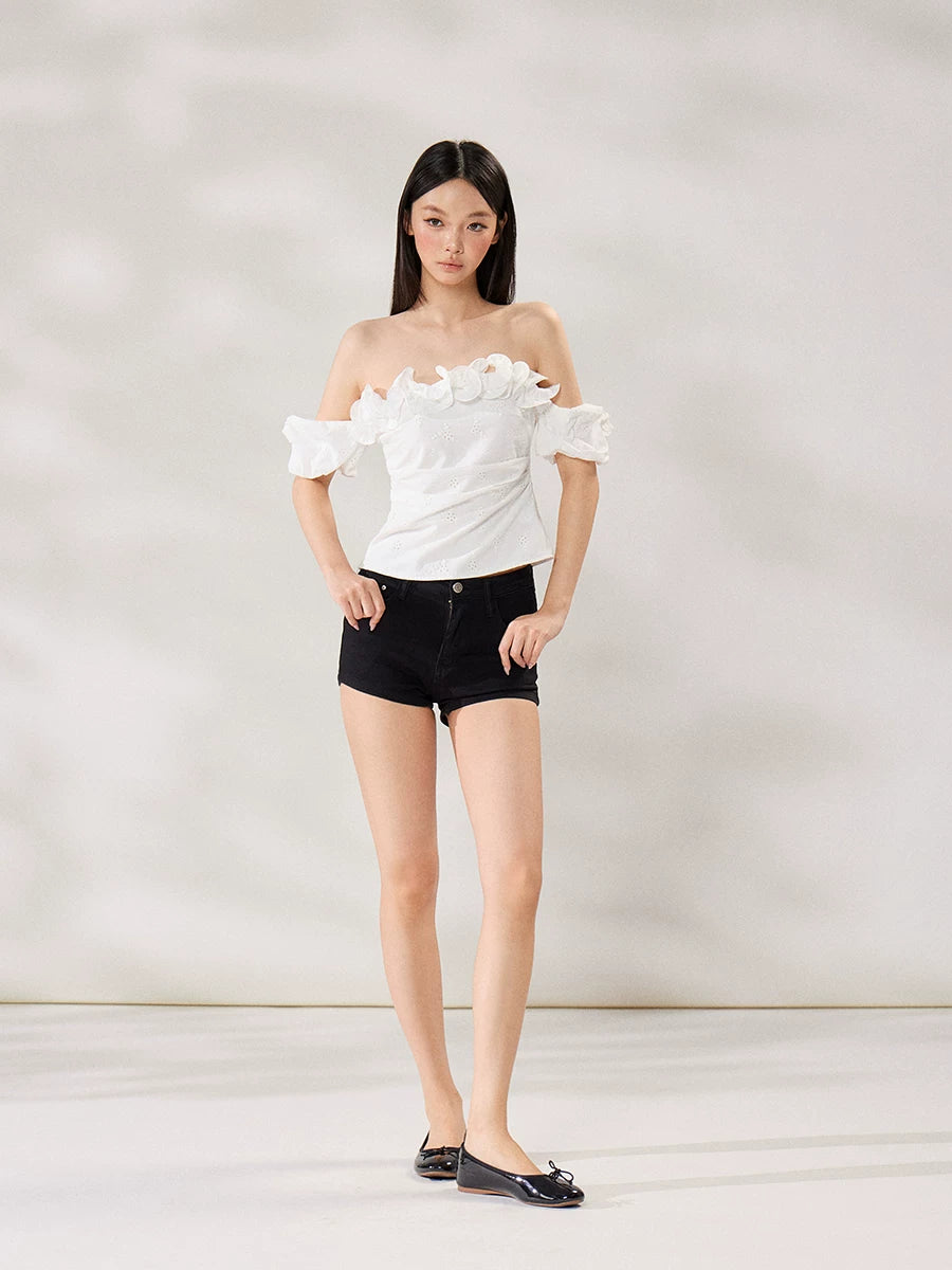 WITHMIN Temperament Three-dimensional Lace Thin Off-the-shoulder Tee