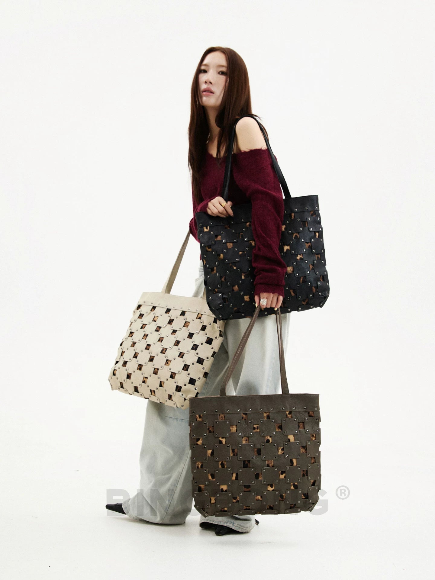 BINGBONG Retro Patch Large Capacity Simple Shoulder Bag
