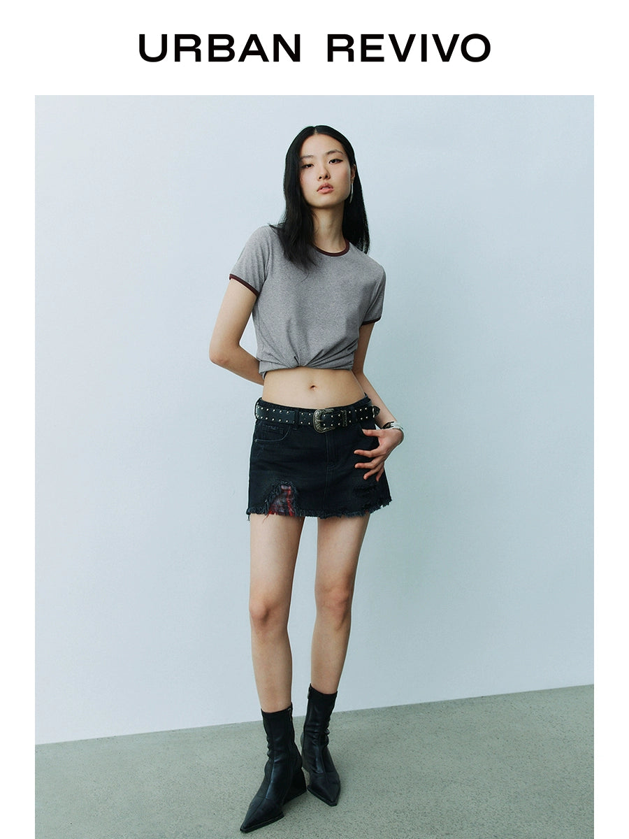 URBAN REVIVO Casual Contrasting Lines Crew Neck Short Sleeve T-Shirt