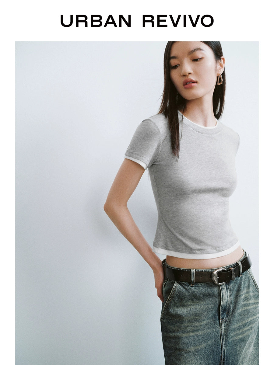 URBAN REVIVO Contrasting Splicing Fake Two-piece Crew Neck Tee