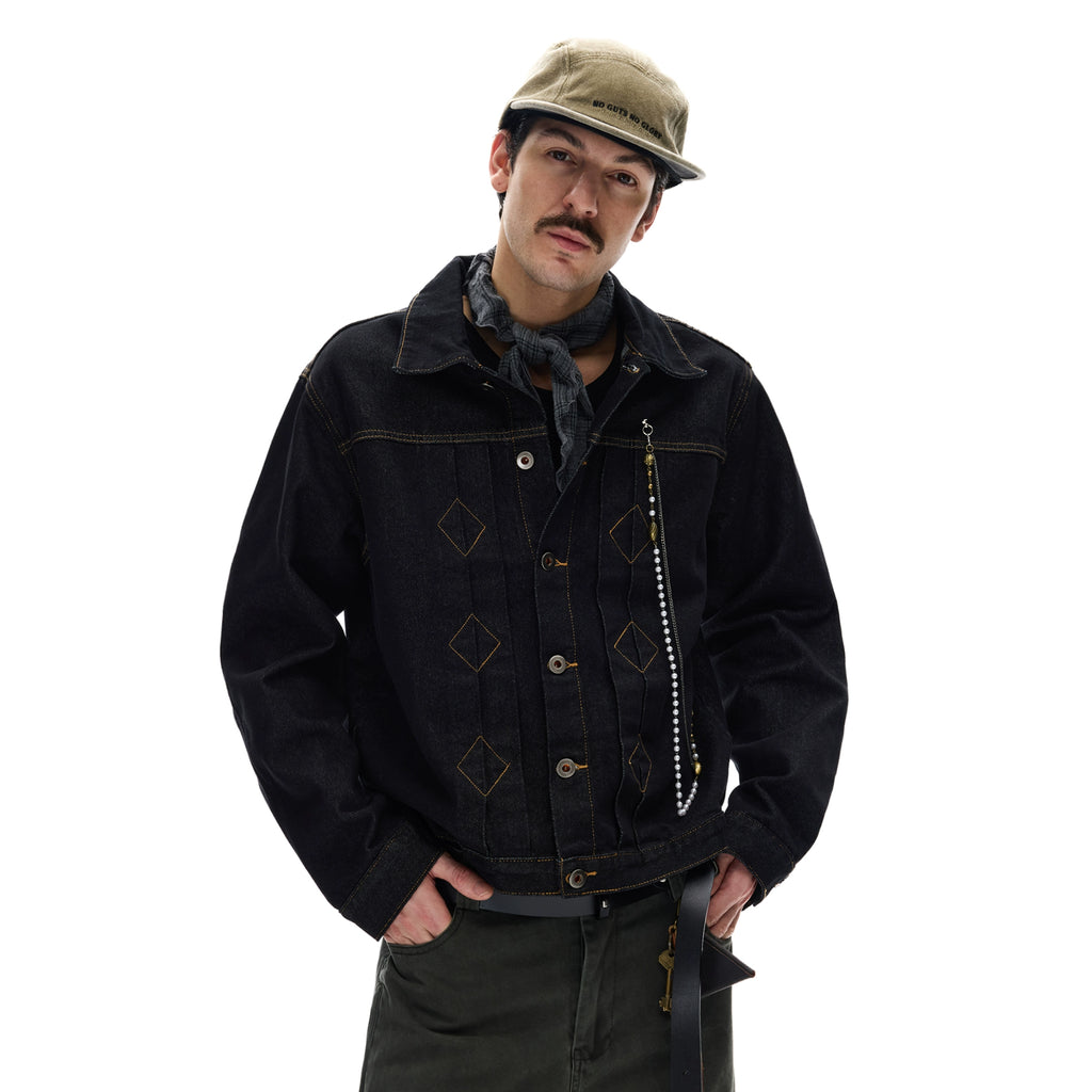 MADWITCH Retro Ruffian Handsome Bright Line Design Sense Chain Denim Jacket