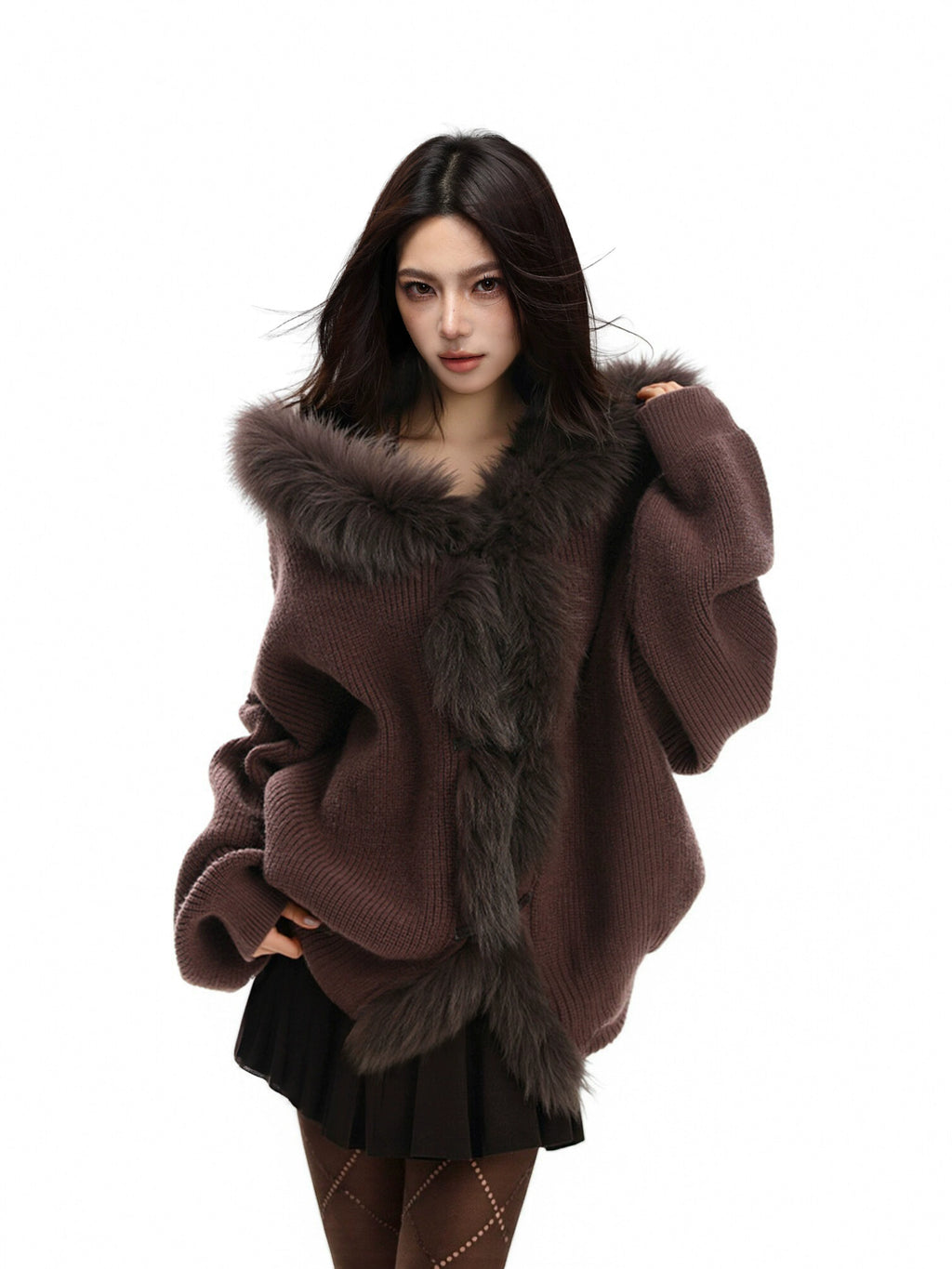 KDASE Fur Collar Splicing Sweater Jacket