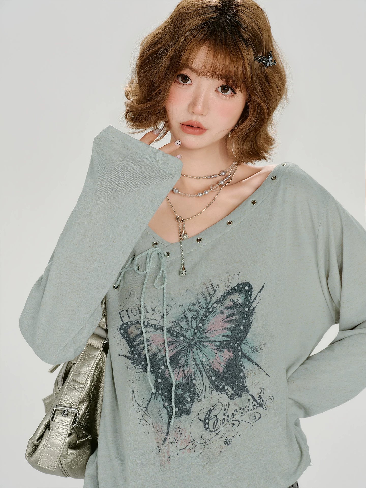 Girlyhalo Vintage V-neck Slim Loose Tee