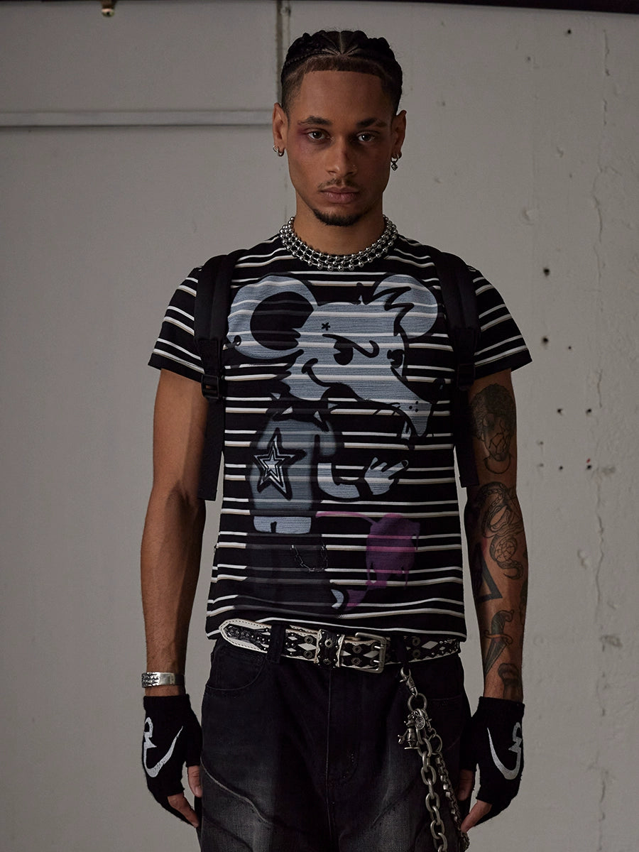 DND4DES Bad Mouse Slim Stretch Print Striped Tee