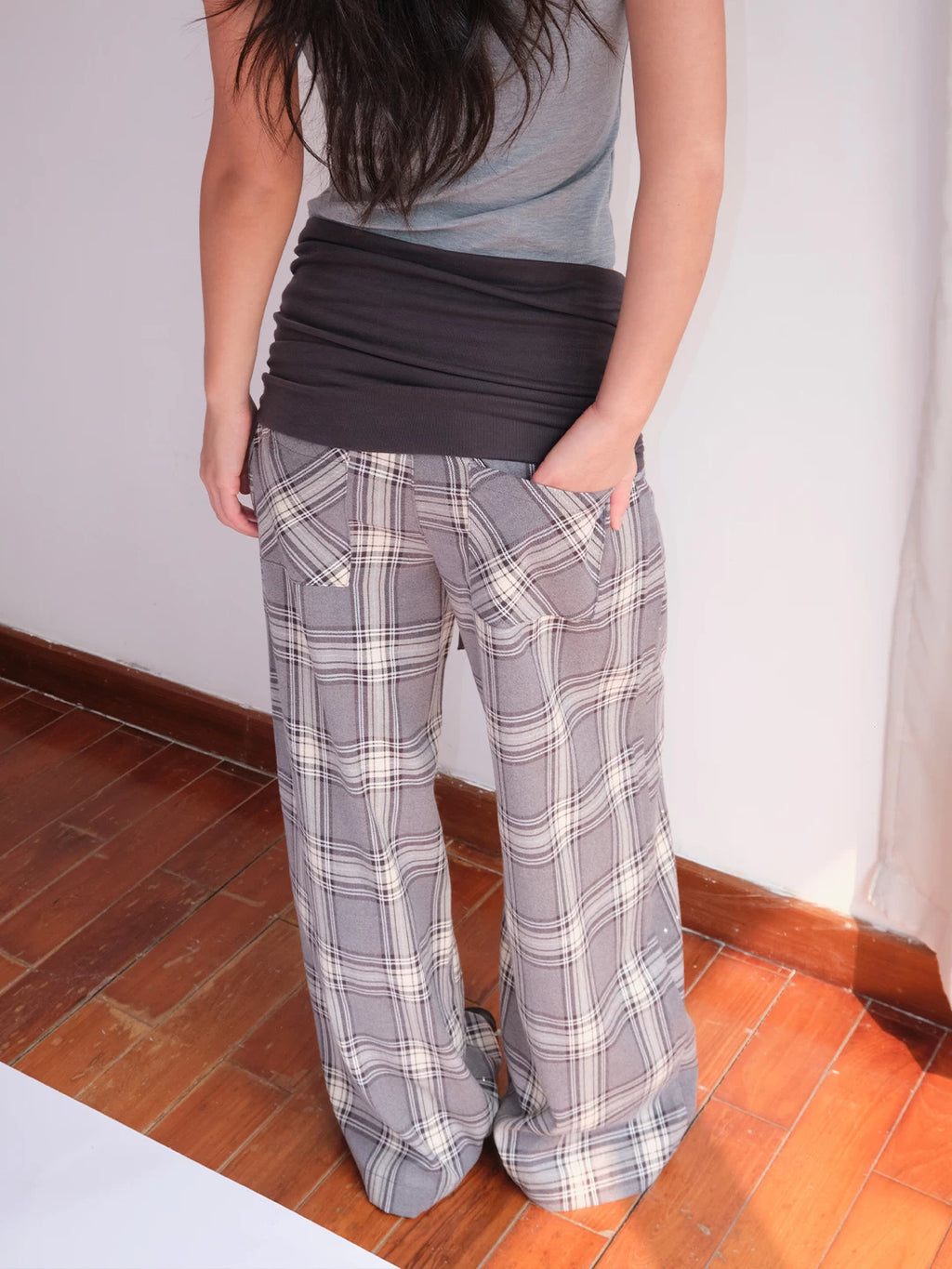 FUNKYFUN Waist Stacked Plaid Slacks
