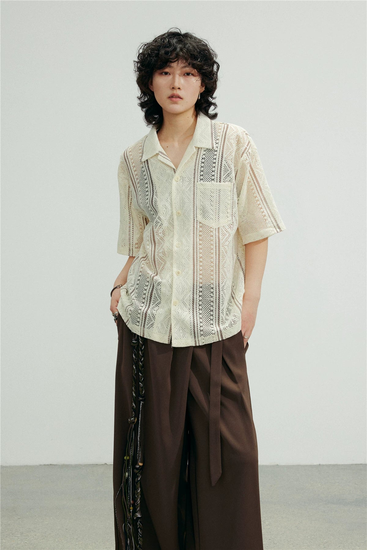 SUNYVONNE Hollow-out Sheer Casual Short-sleeve Shirt