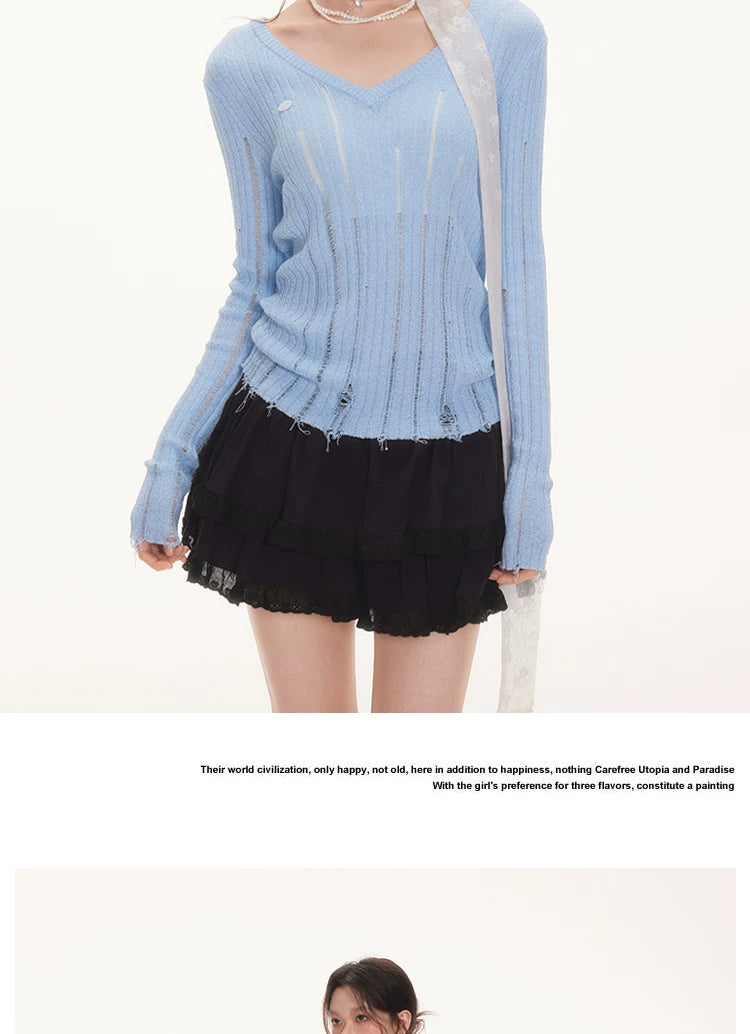 Imone Slightly Transparent Hole V Neck Waist Thin Long Sleeve