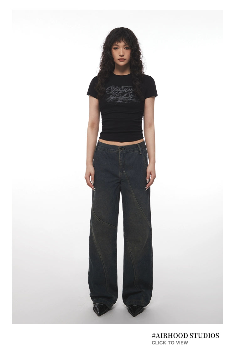 AIRHOOD Retro Simple Letter Print Pleated Tee