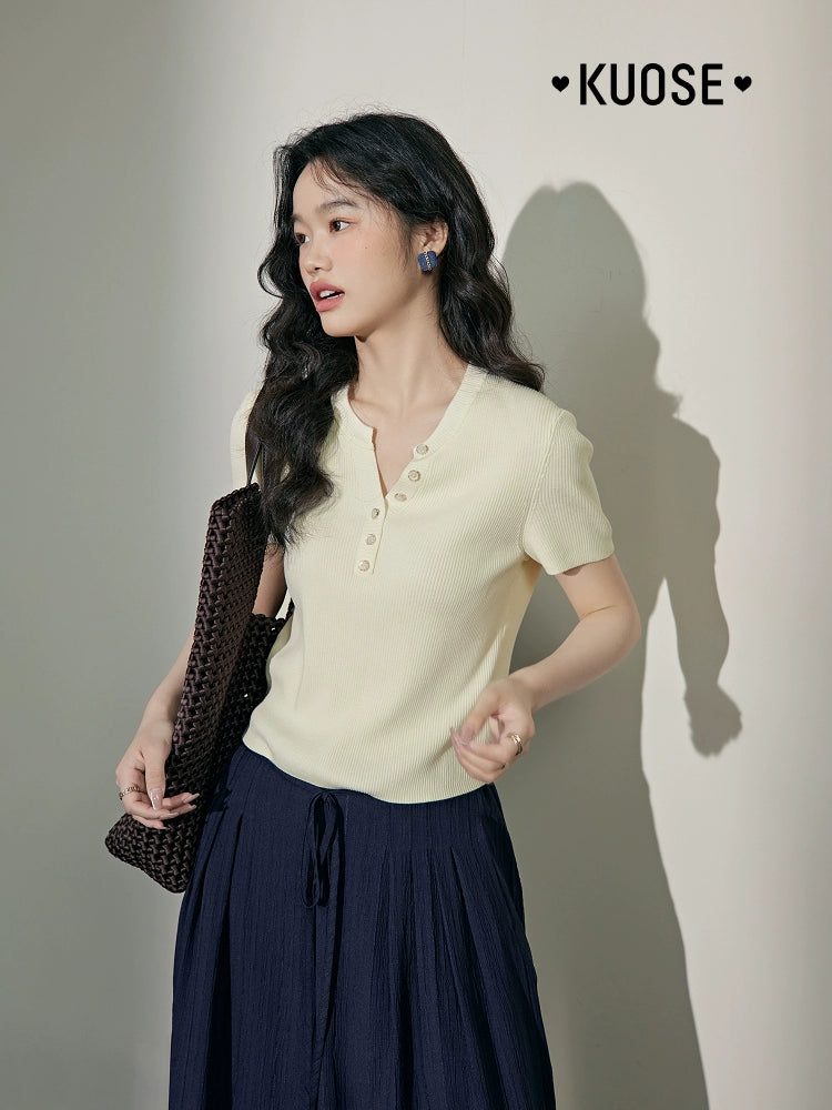 Kuose Temperament Slim V-neck Knitted Sweater Tee