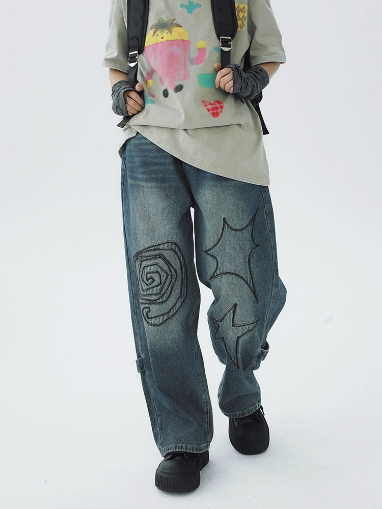 STILLYOU Vintage Patch Line Embroidery Straight Jeans