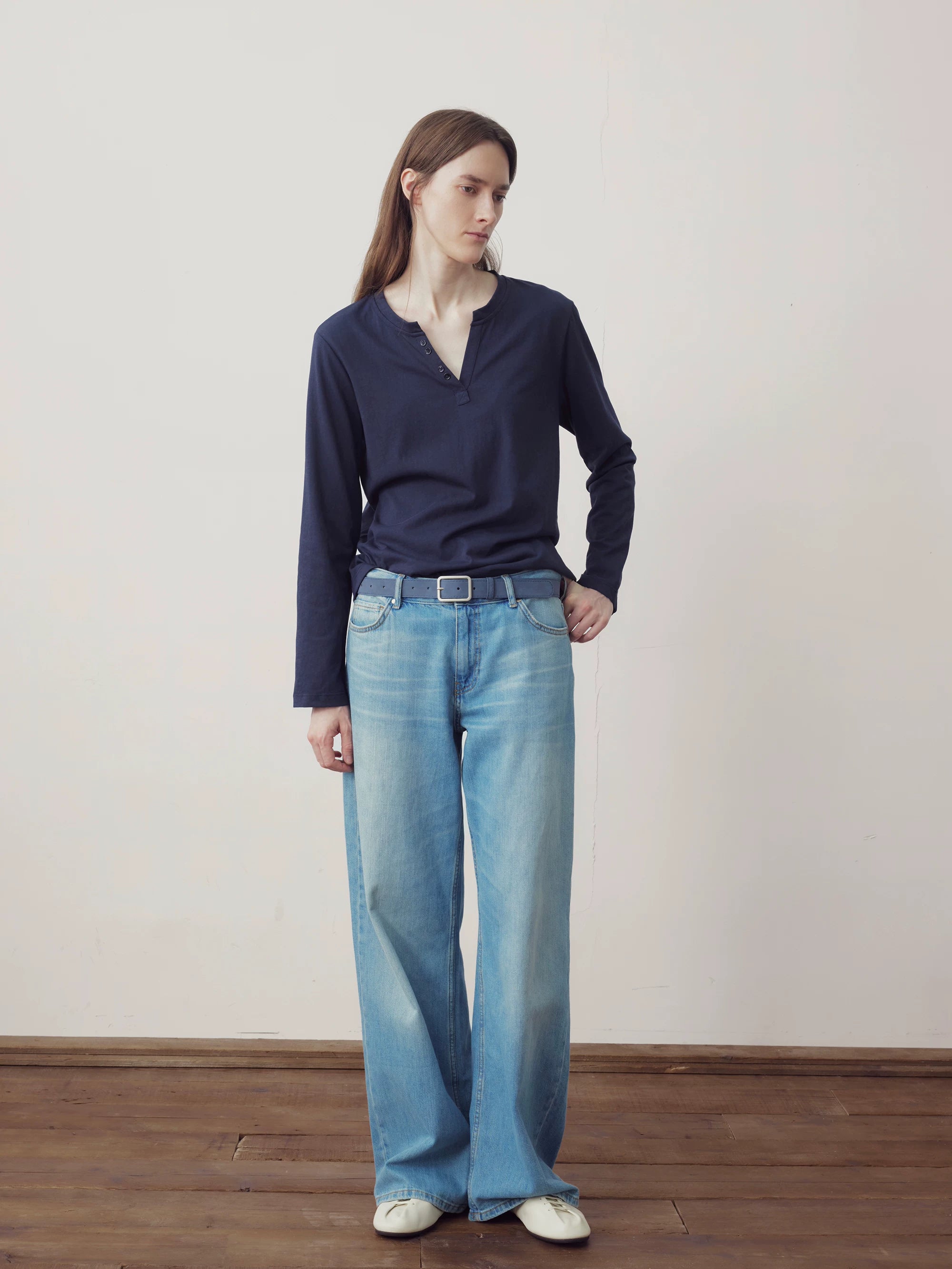 COLN Retro V-neck Casual Versatile Long Sleeves