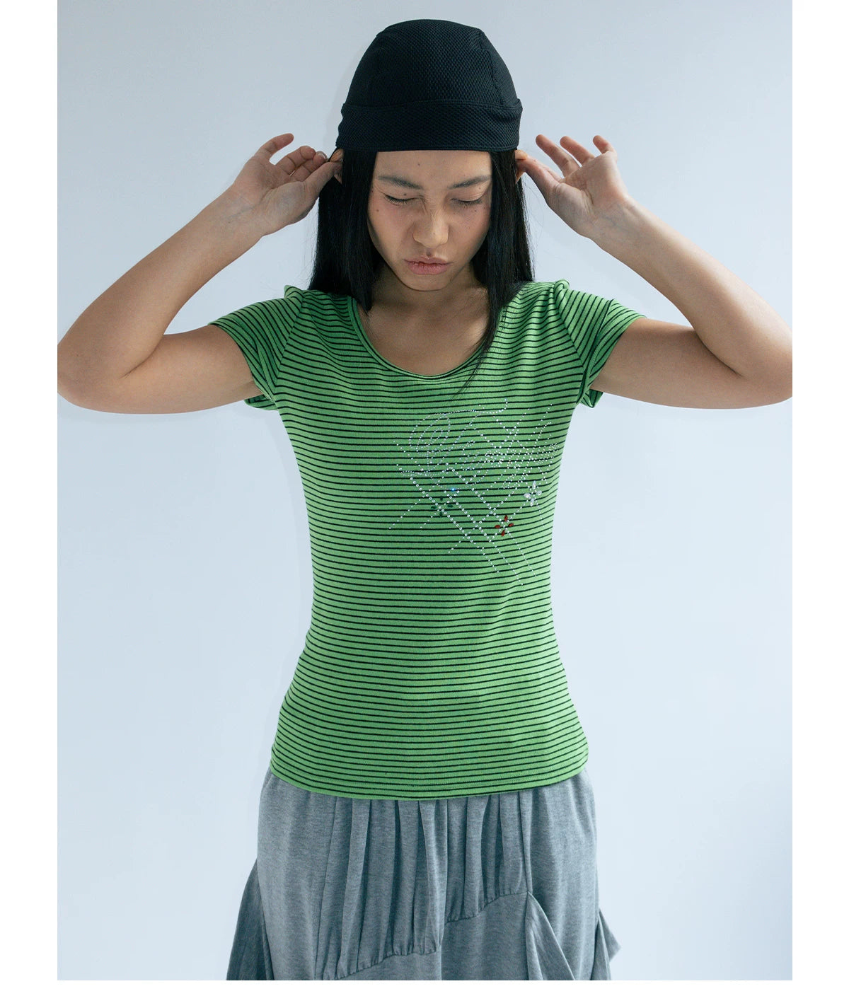 FUNKYFUN Hot Diamond Striped Front Shoulder Tee