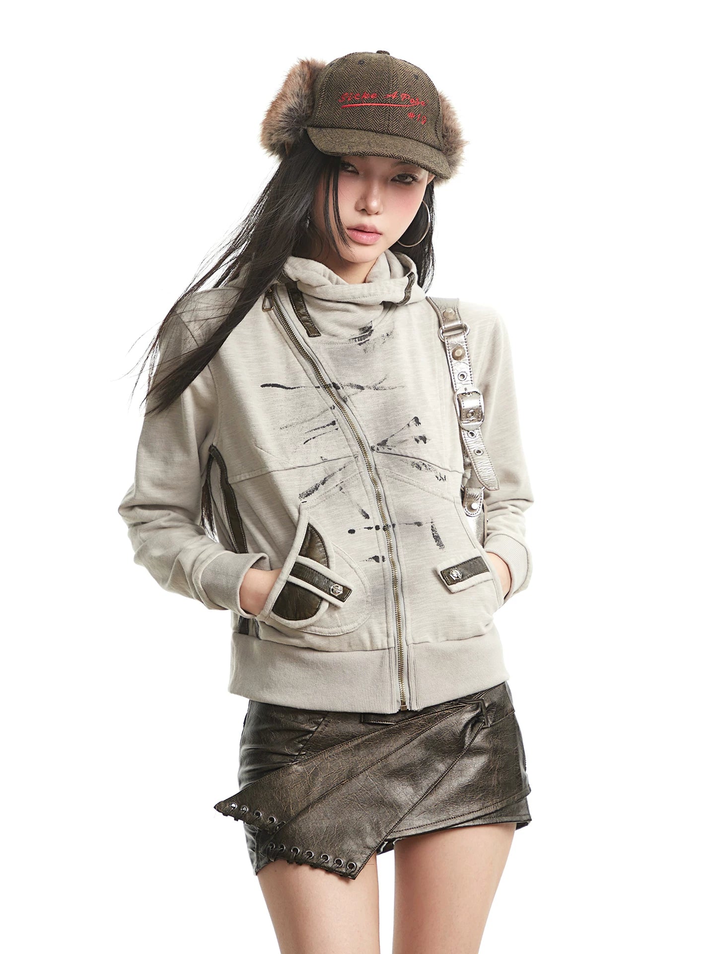UNCMHISEX Vintage Niche Hooded Zip Jacket
