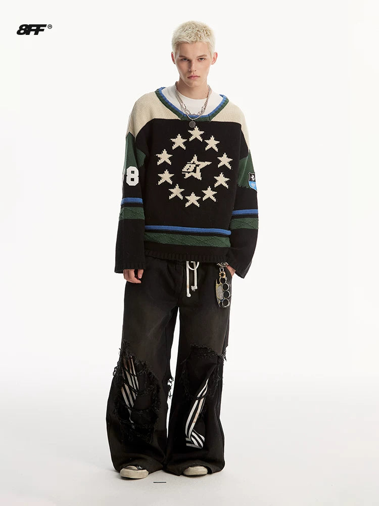 8FF Vintage Contrast Badge Star Embroidered Knitted Sweater