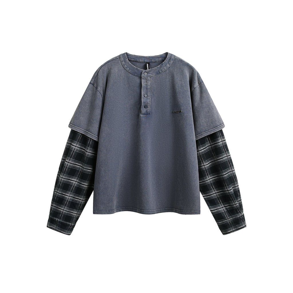 BTSG fake two-piece plaid splicing long sleeve tee