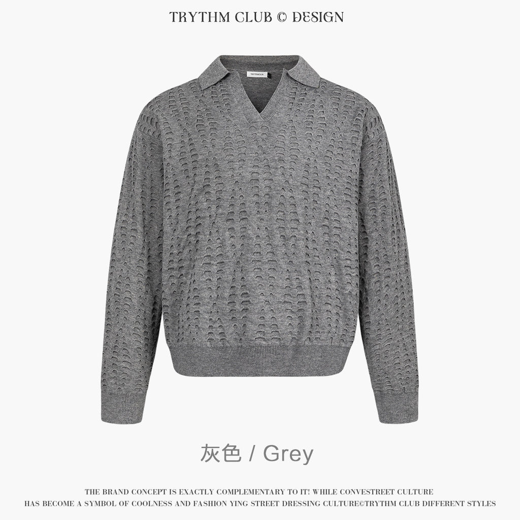 TRYTHMCLUB V-neck Lapel Ripped-knit Sweater