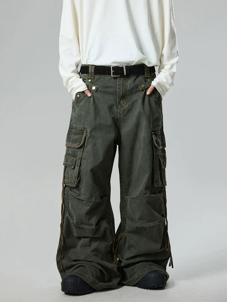 BTSG Blockbuster Wash Design Multi-Pocket Wide Leg Pants