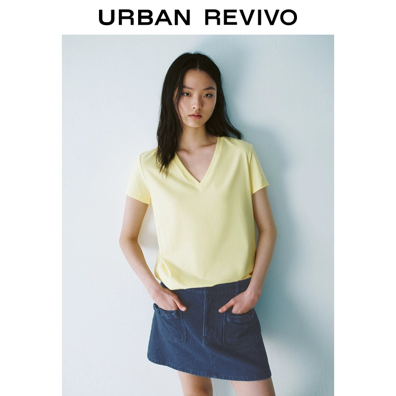 URBAN REVIVO Sports Versatile V-Neck Short Sleeve Tee