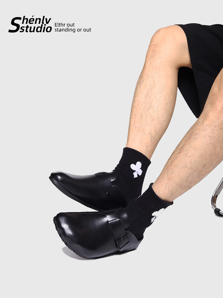 SHENLV Studio Genuine Leather Half-drag Black Head Leather Slippers