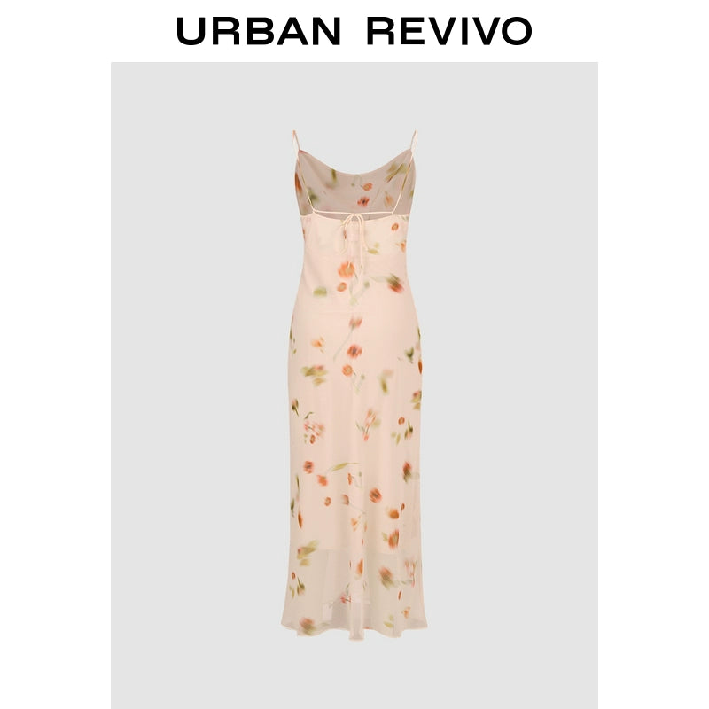 URBAN REVIVO Wave Swinging Neck Romantic Print Suspender Dress