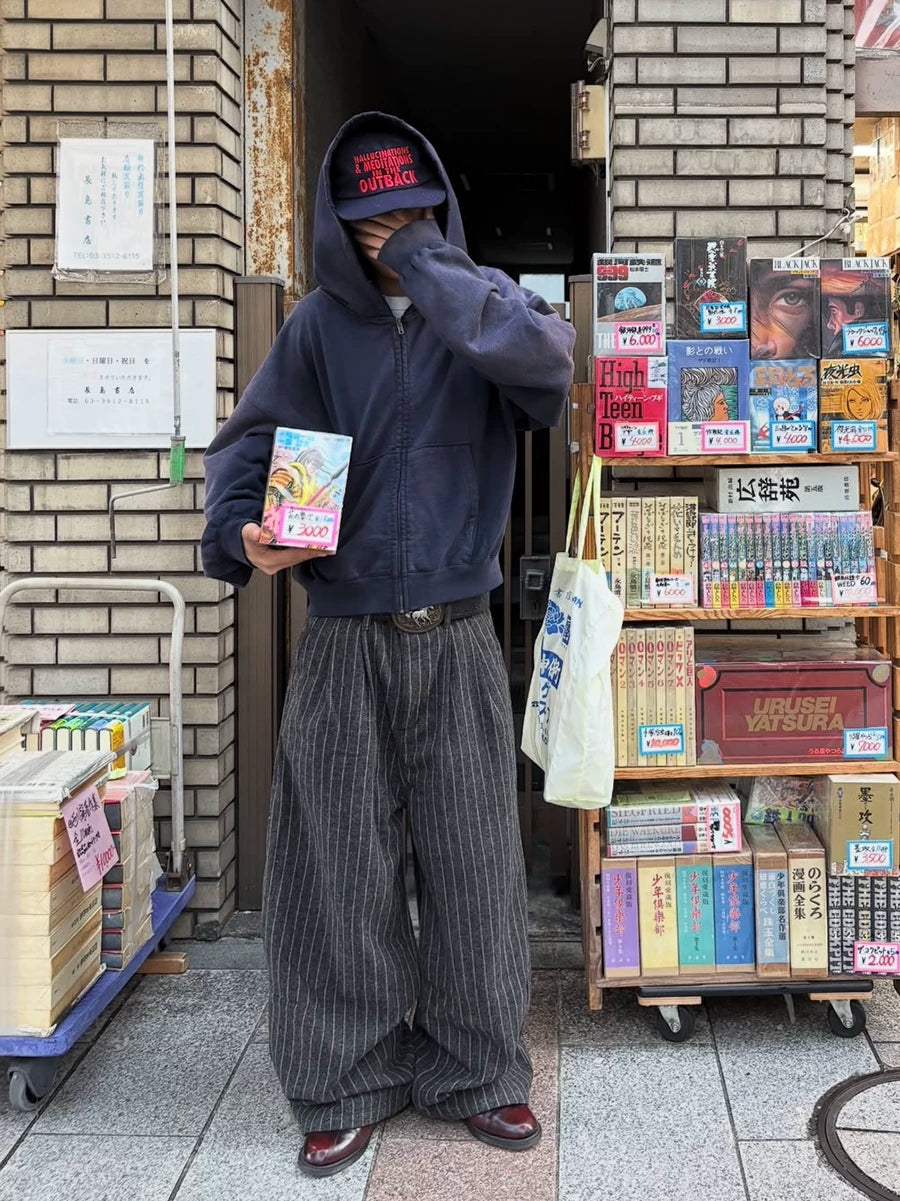 FTS Striped Thickened Wool Straight Loose Wide Leg Pants