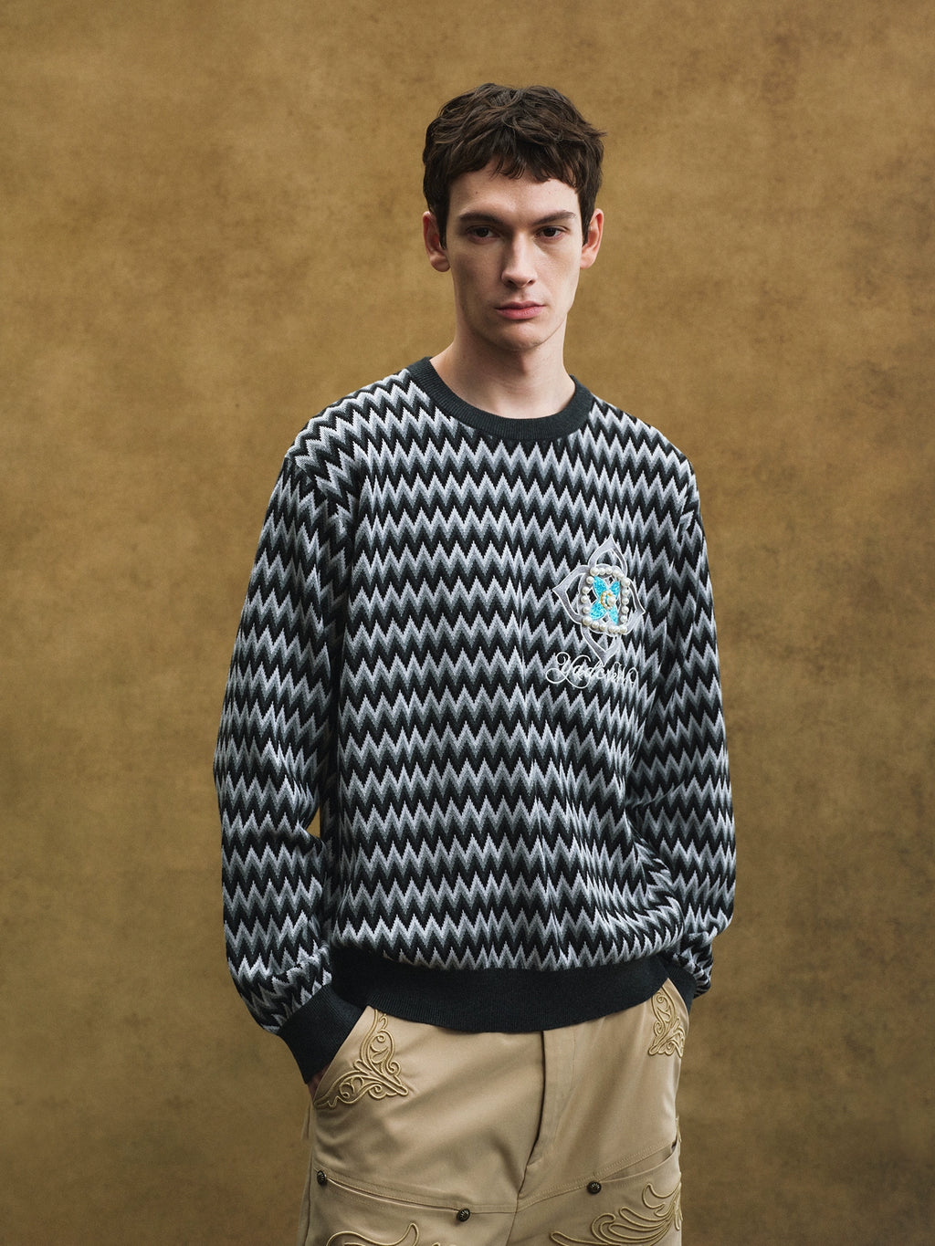 YADcrew Casual Beaded Cross Flower Wavy Knitted Sweater