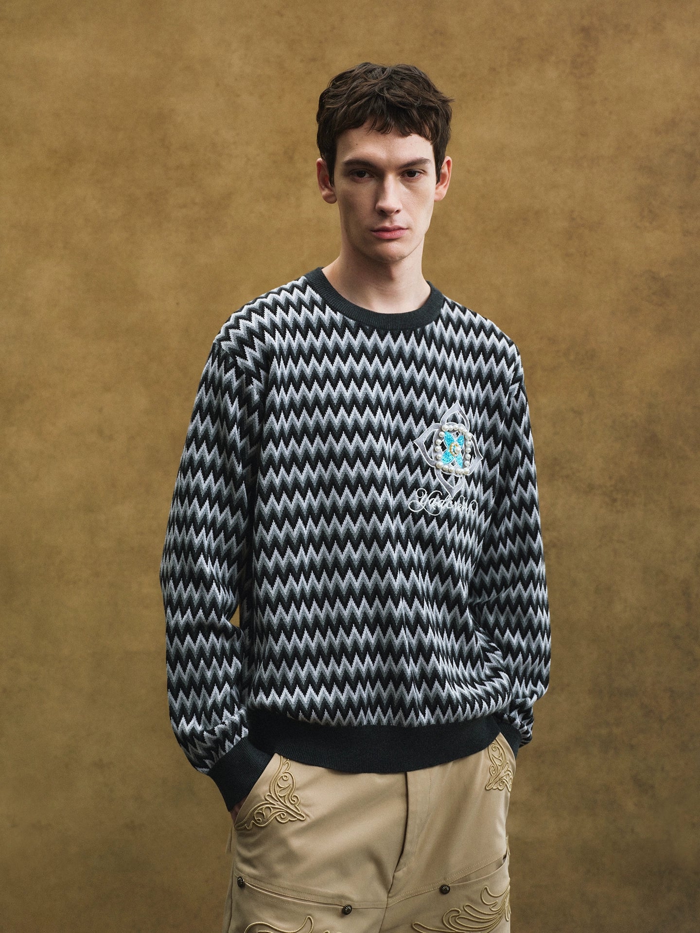 YADcrew Casual Beaded Cross Flower Wavy Knitted Sweater