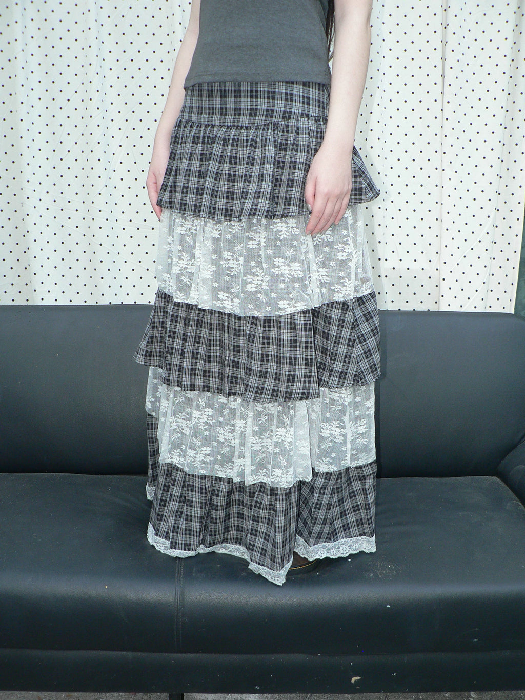 Ang:project Plaid Paneled Floral Mesh Maxi Skirt