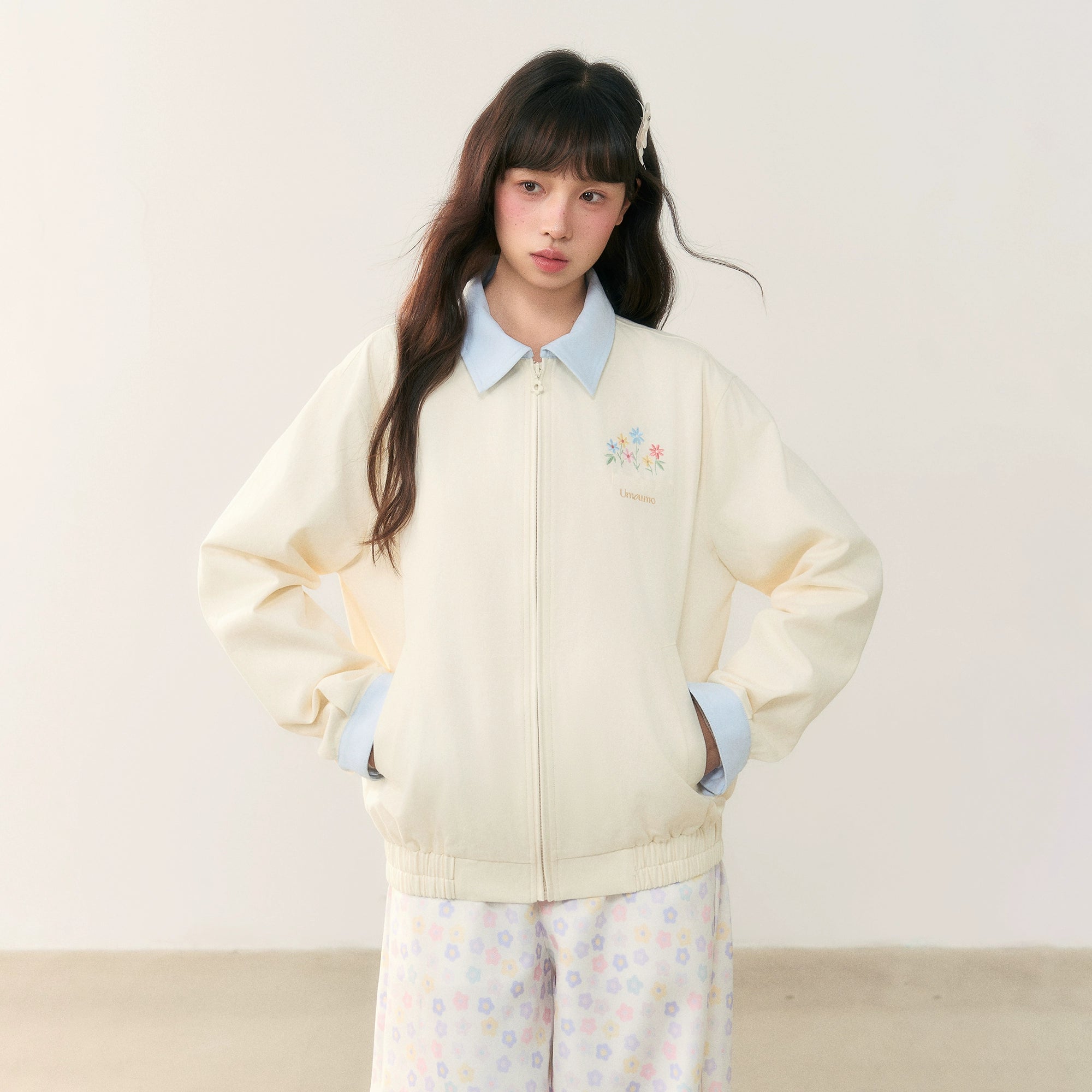 Umoumo Versatile Colour Matching Flower Embroidered Jacket