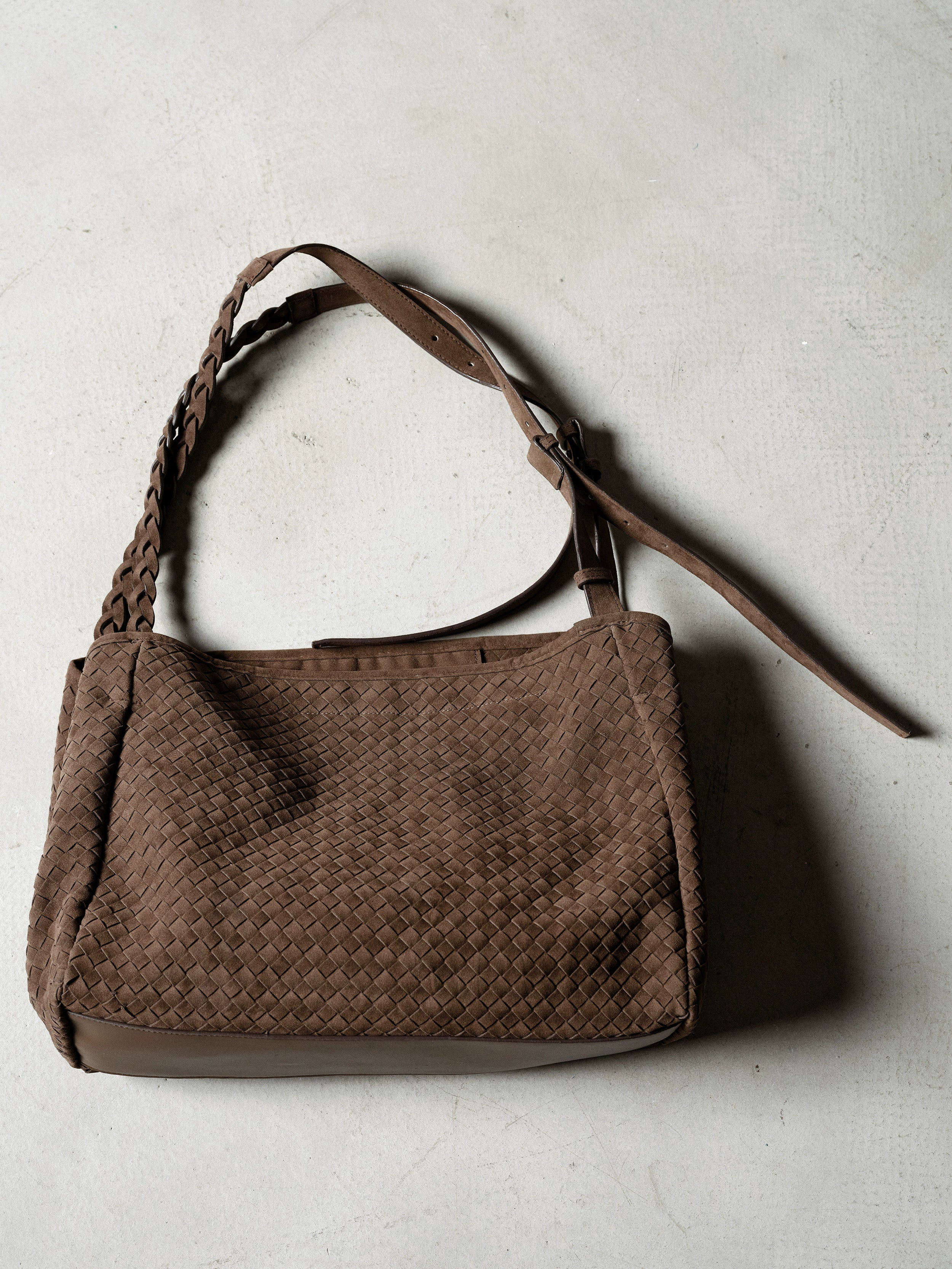 NOT UGLY 25AW Kendo hand-woven tan double strap shoulder suede soft diagonal span hobo bag