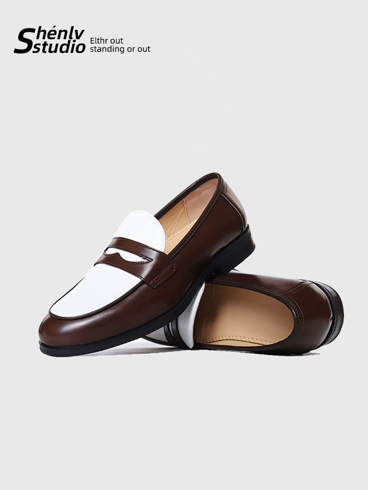 SHENLV STUDIO Pointed Round Head Color Matching One-pedal Thin-soled Derby Leather Shoes