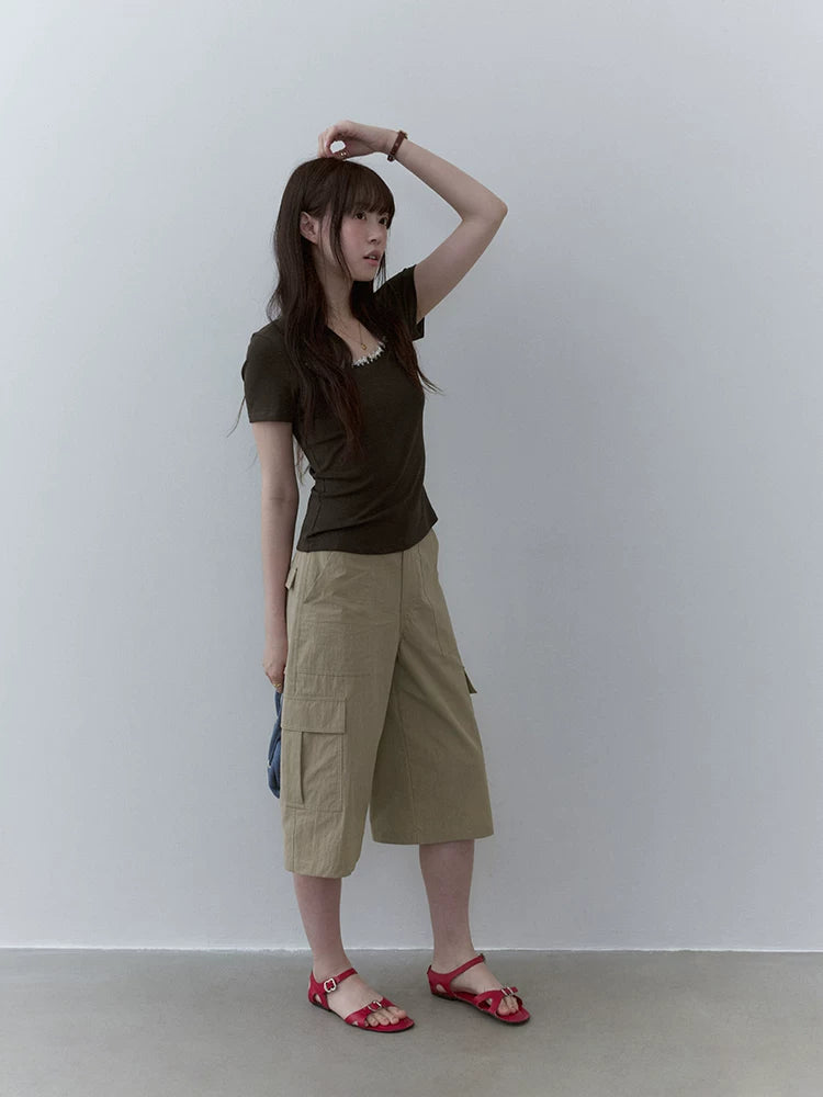 VOOE Square Neck Pearl Lace Tee
