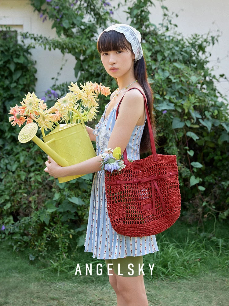ANGELSKY Woven Hollow Mesh Pocket Tote Bag