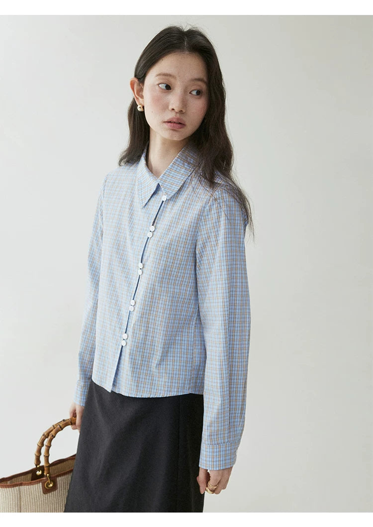 VOOE Contrasting Plaid Diagonal Neck Shirt