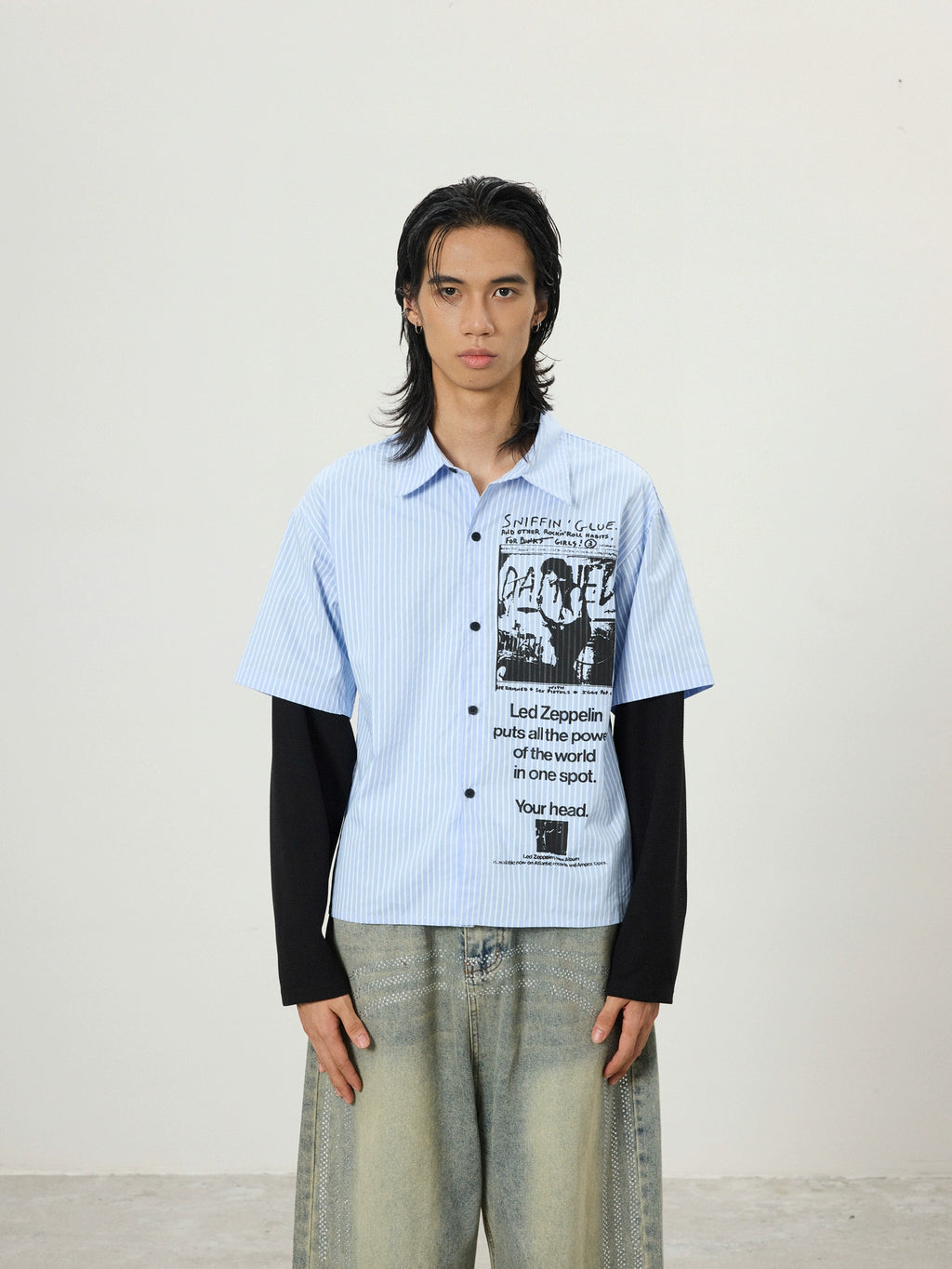 BTSG Vintage Graffiti Fake Two Piece Design Long Sleeve Shirt Jacket