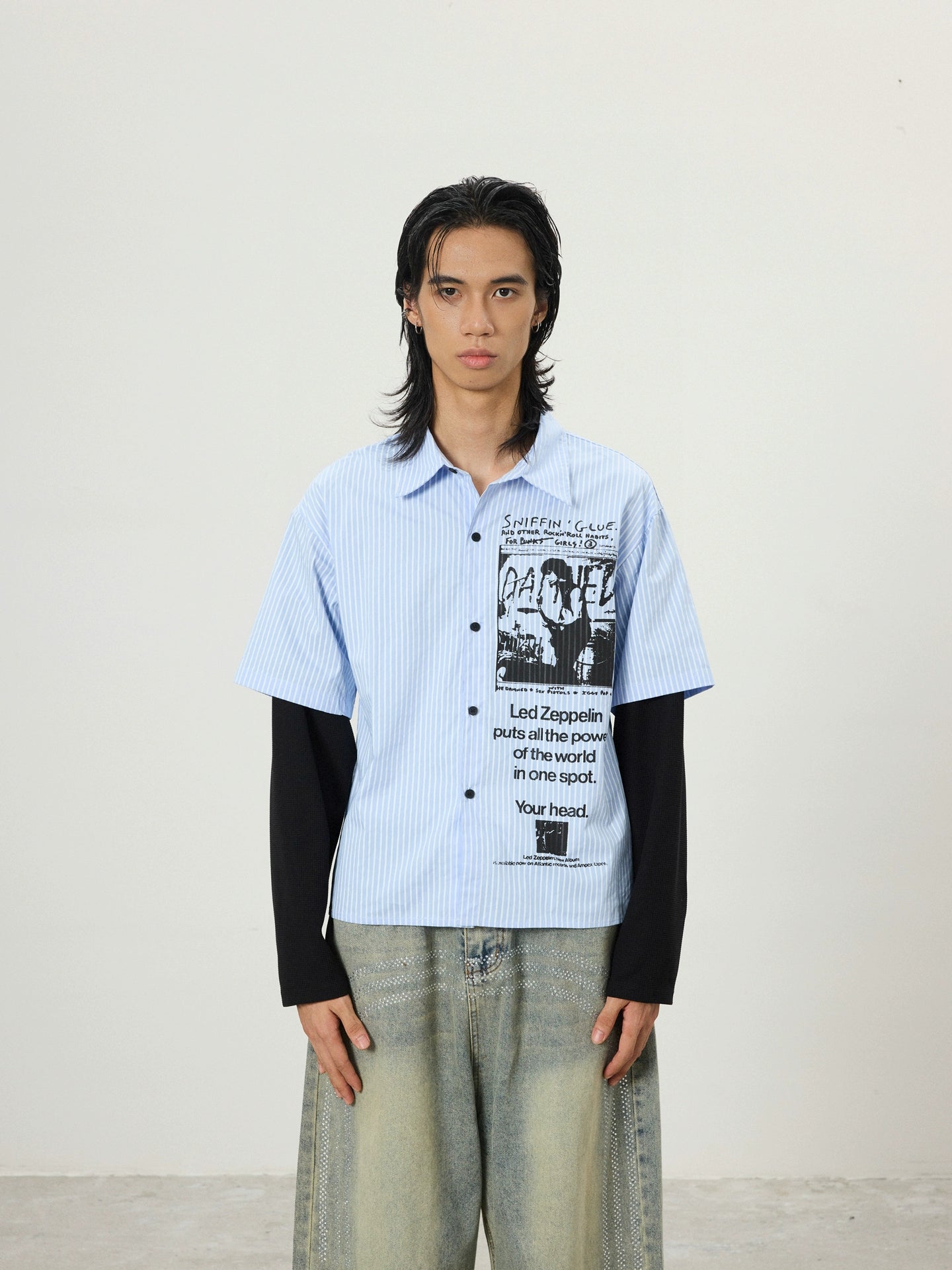 BTSG Vintage Graffiti Fake Two Piece Design Long Sleeve Shirt Jacket