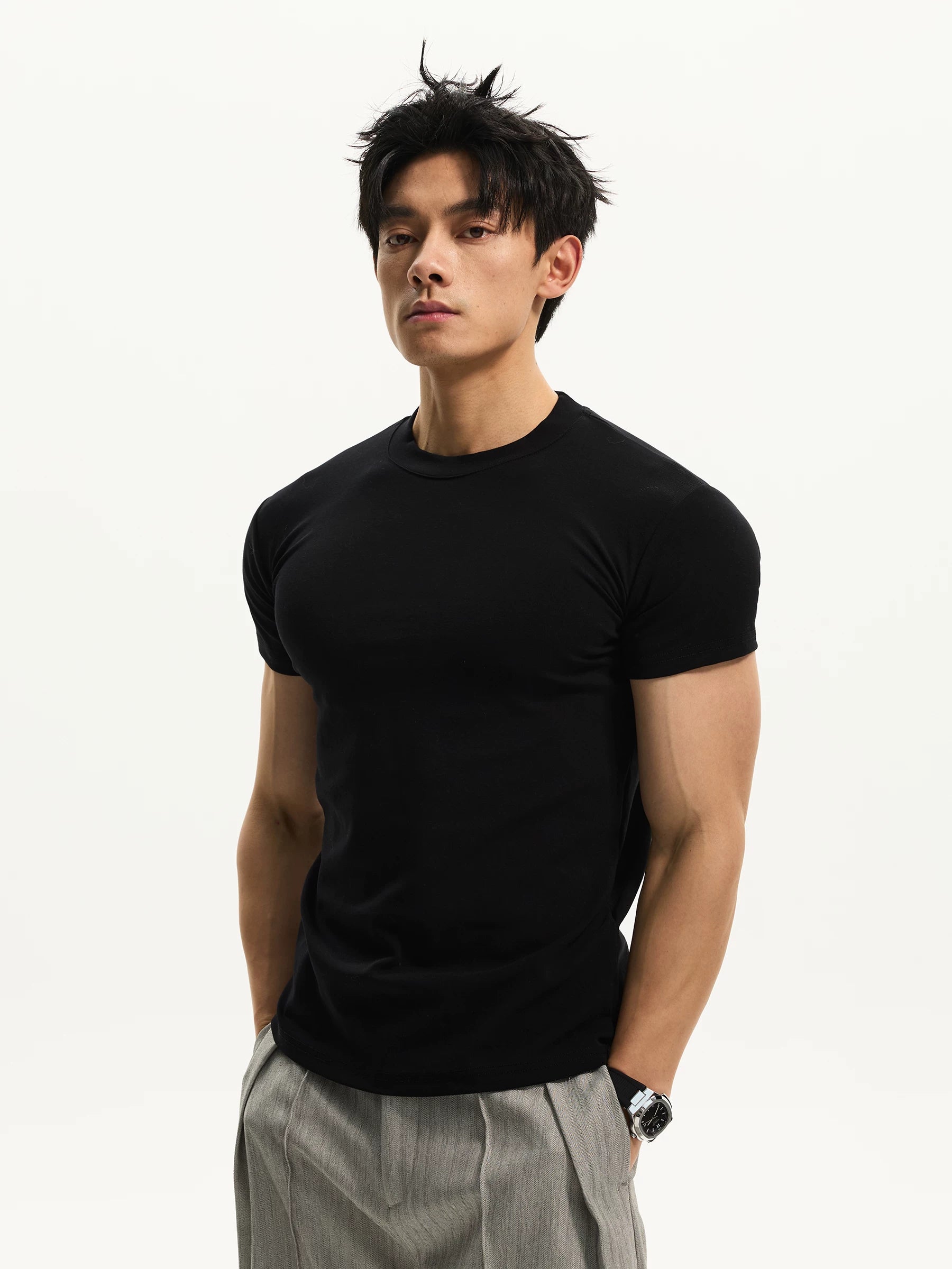 DAY NY Simple Casual High Elastic Front Shoulder Tee
