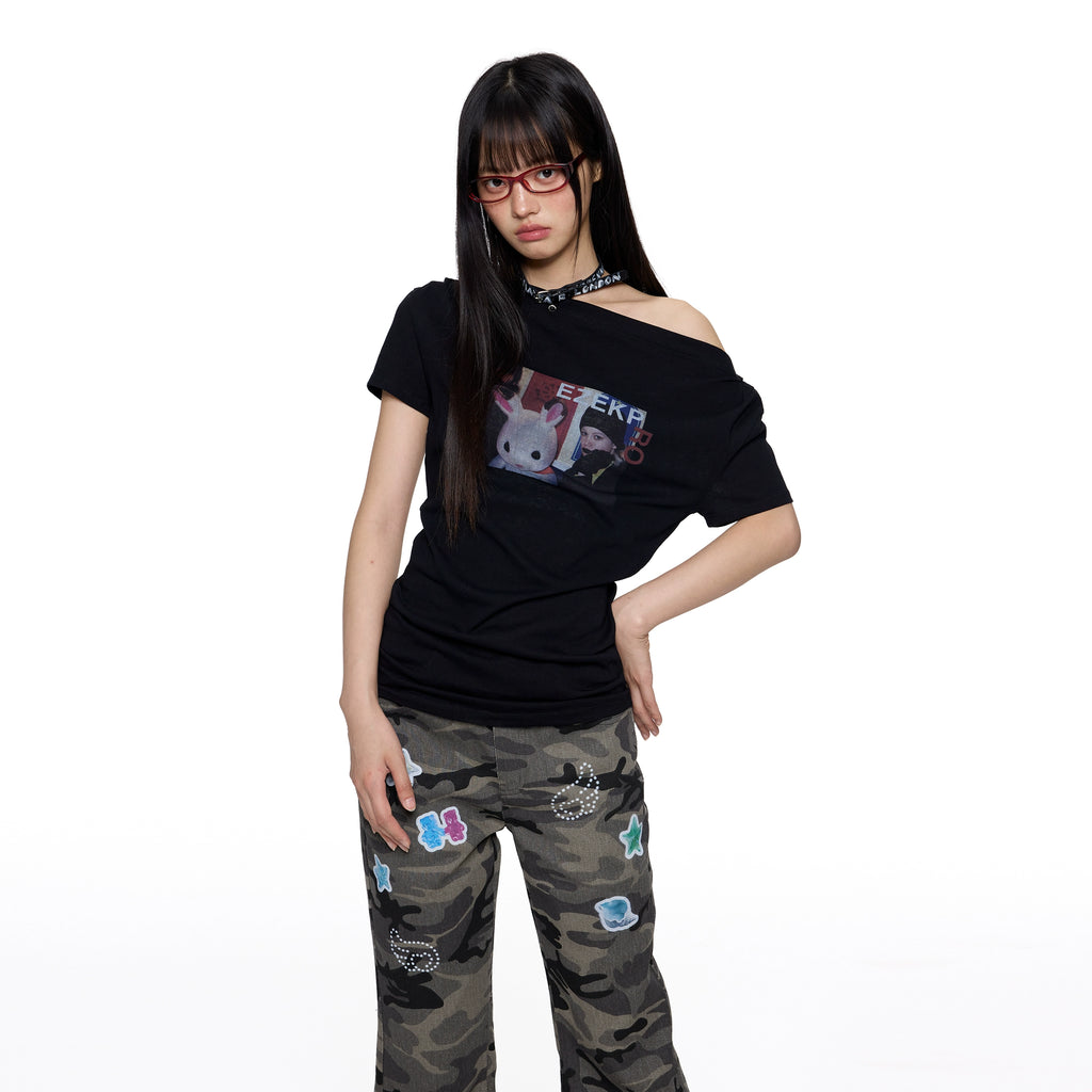 EZEK One-word Shoulder Half-sleeve Off-the-shoulder Tee