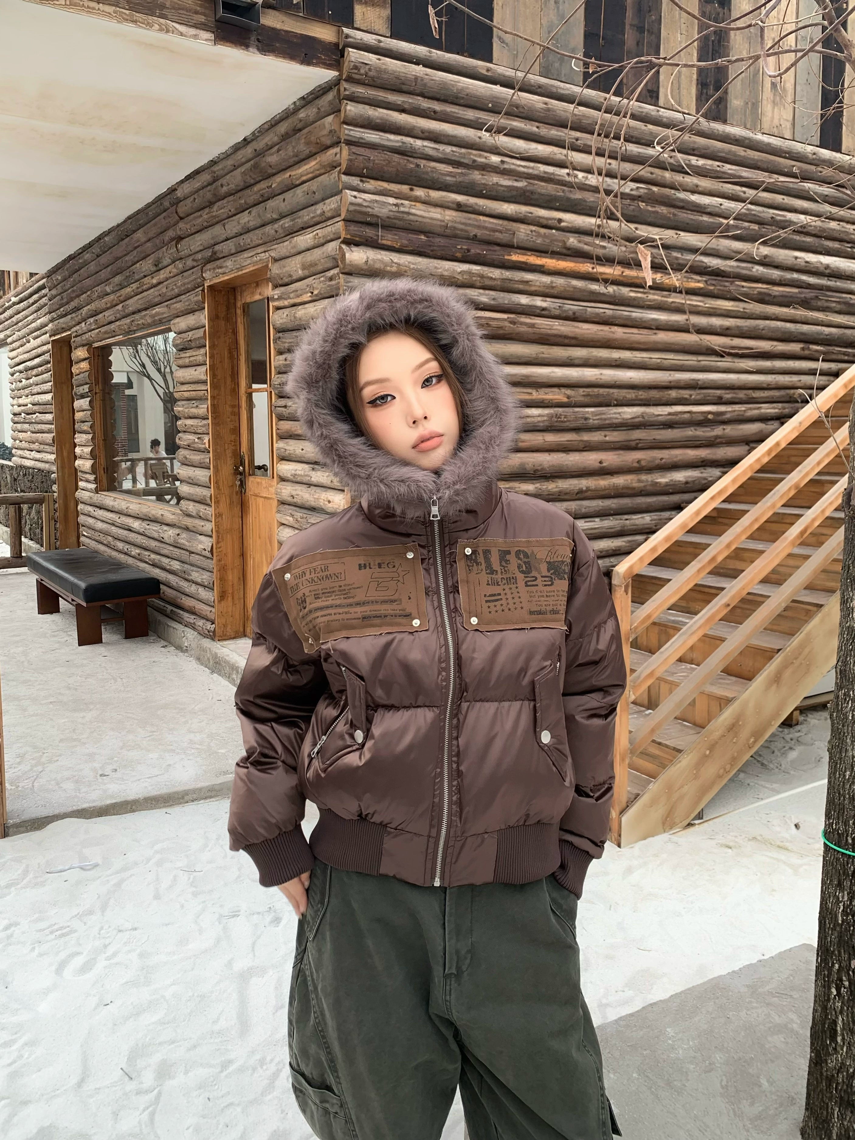 BANGU Vintage Fur Collar Hooded Cotton Jacket