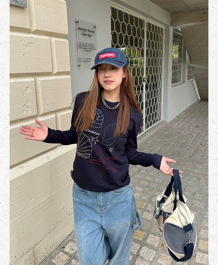 CCYE Embroidery Front Shoulder Crew Neck Slim Fit Slightly Loose Long Sleeves