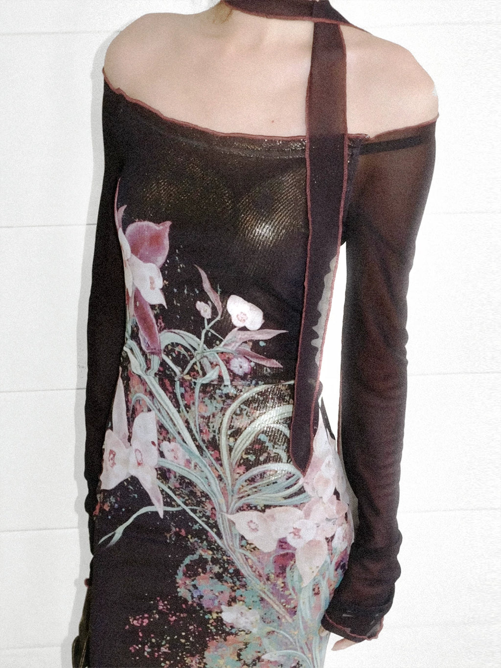 LOUMUTAKU Bronzing One-word Shoulder Flower Mesh Off-the-shoulder Fishtail Skirt