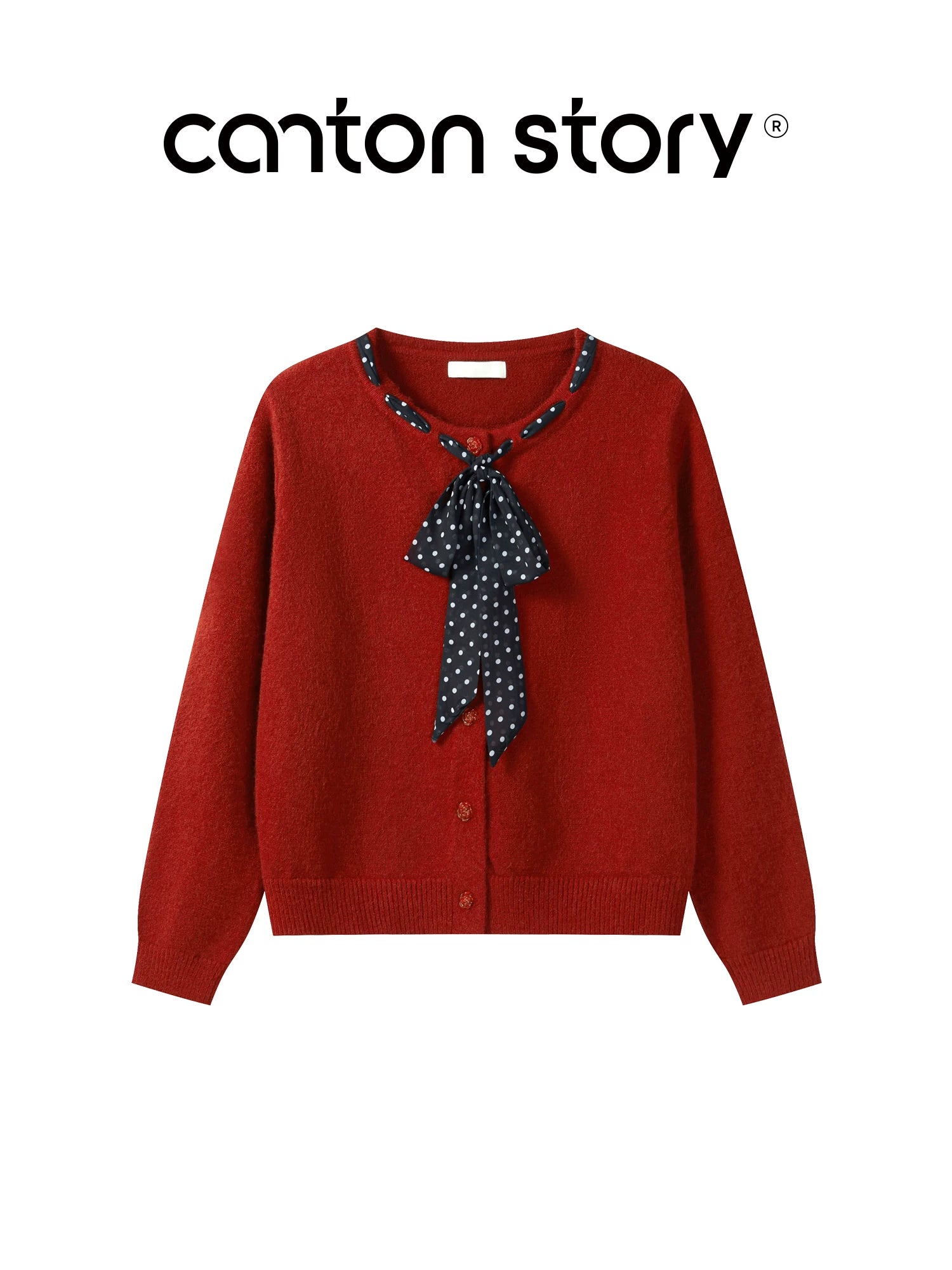 Cantonstory Polka Dot Silk Scarf Crew Neck Knitted Cardigan Sweater