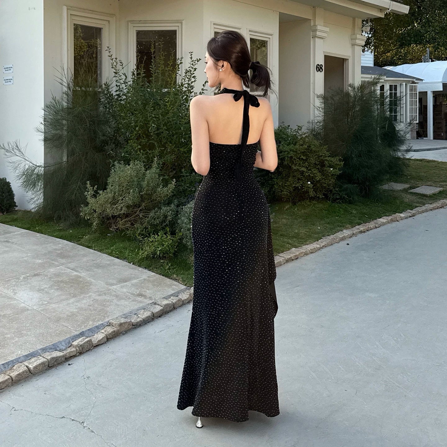 Instunning V-neck Neck Hot Drill Waist Split Dress