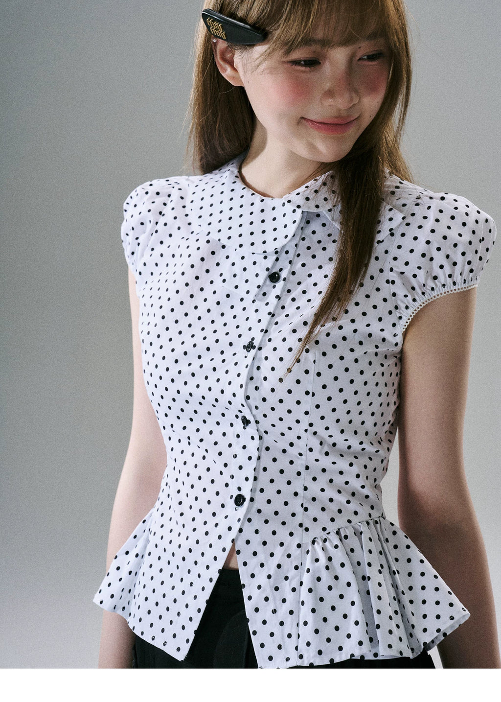 LOST FOREST Asymmetrical Lotus Leaf Polka Dot Shirt Tee