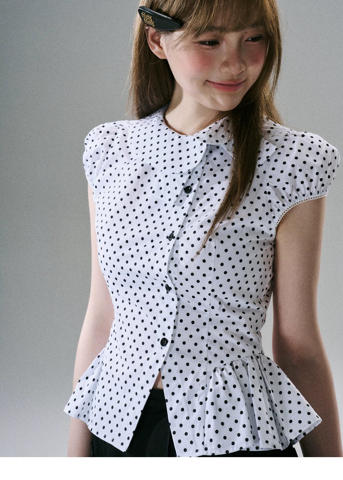 LOST FOREST Asymmetrical Lotus Leaf Polka Dot Shirt Tee