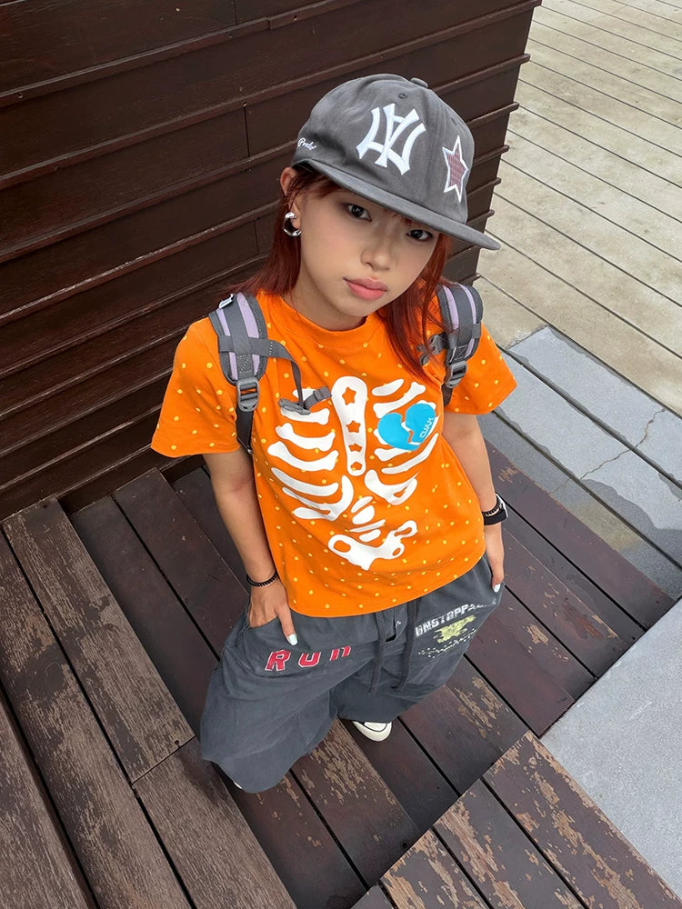 EAHO Skull Polka Dot Print Round Neck Tee